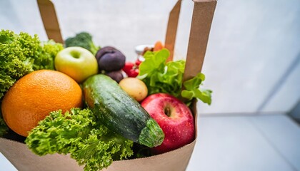 Poster - background of healthy food delivery it features a paper bag filled with vegan and vegetarian food including fruits and vegetables has a white background with copy space making it suitable for