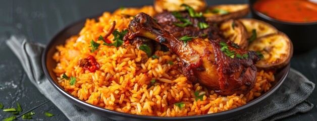 jollof rice adorned with succulent chicken pieces and golden fried plantain, a quintessential dish of West African cuisine, with ample space for text.