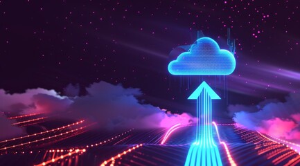 Wall Mural - A futuristic background with A blue glowing data stream arrow pointing up and to the right, symbolizing growth or progress in cloud technology Generative AI