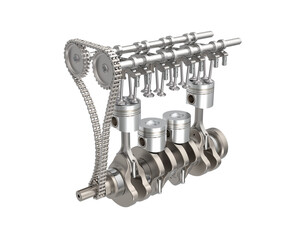 Wall Mural - Main car engine components. Timing chain with camshaft and valves, crankshaft with connecting rod and pistons