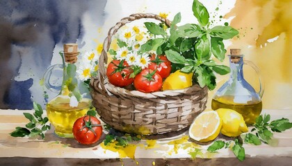 Wall Mural - Aquarelle Panier d'osier avec pot de terre, tomates, fleurs coupées, basilic, huile d'olive, citrons
