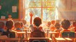 © an - A portrait of a boy in kindergarten raising his hand to ask a question to his friend in front.