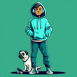 © Attila - a cartoon teenager, standing confidently, wearing a hoodie and wireless earbuds, a skateboarding pug beside them, full body
