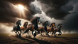 An image depicting wild horses galloping across an open field with a stormy sky overhead. Dramatic clouds, dark and heavy, suggest an impending storm.
