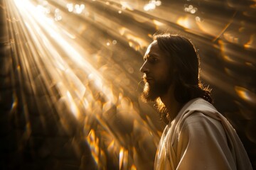 Poster - A serene portrayal of Jesus Christ as the light of the world, with rays of divine light illuminating from Him, symbolizing hope and guidance.