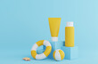 3D summer sunscreen tube ad banner. Illustration of sunblock product display on podium