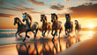 Image of wild horses galloping along the beach at sunset. The setting sun illuminates the scene with a warm orange light, creating long shadows on the sand.