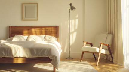 Wall Mural - Morning bedroom background with a cozy bright window screening and  with white blankets and pillows.