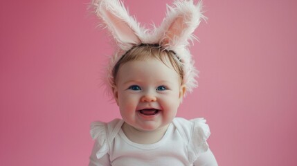 Wall Mural - Happy cute toddler girl wearing bunny ears headband smiling and looking at the camera isolated on pink background with copy space, childhood party, birthday, zodiac, Easter concept.