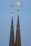 Fototapeta  - weathercocks on the tops of a church with twin towers