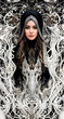 Woman wearing a black cape and body with mechanical details on a black and white background with a pattern of white circles and lines, highly detailed digital art, character portrait, gothic art.