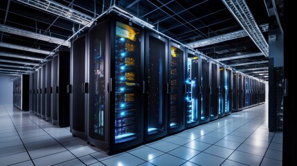 Depict a state of the art data center with rows of server racks, cooling systems, and redundant power supplies