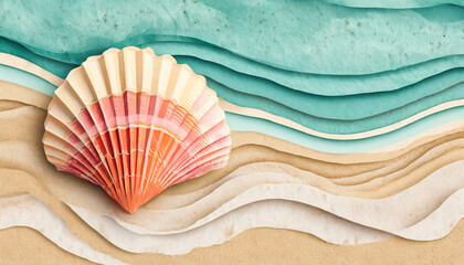 Wall Mural - A seashell on the beach, in a cut paper collage style. Generative AI
