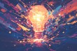 An exploding light bulb with colorful sparks and smoke against a dark background, symbolizing creative energy in digital marketing. 