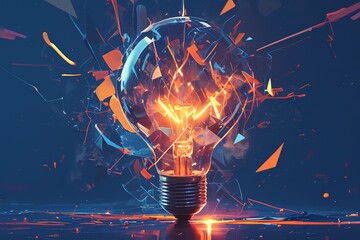 Wall Mural - An exploding light bulb with colorful sparks and smoke against a dark background, symbolizing creative energy in digital marketing. 