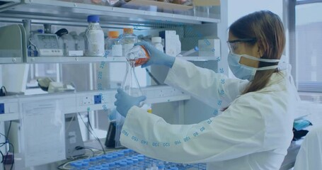 Poster - Animation of numbers in circle over caucasian female scientist doing experiments in lab