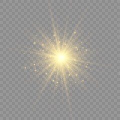 Wall Mural - set of golden glowing lights effects isolated on transparent background. solar flare with rays and s
