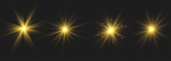 Wall Mural - set of golden glowing lights effects isolated on transparent background. solar flare with rays and s