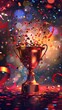 Shiny sparkling bronze champion cup on a bright background with sparkles and confetti and festive satin ribbons, third place trophy cup