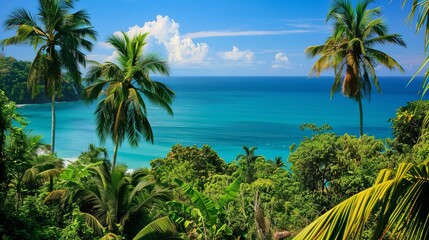 Caribbean tropical coast landscape, beach seascape paradise with palm trees