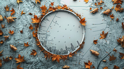 a circle of leafs texture over an new york map seen from top with a white background and separation