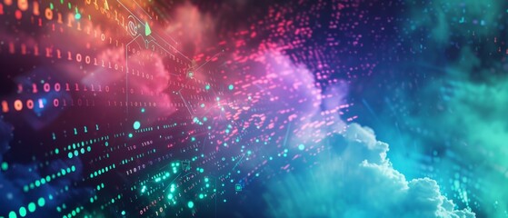 Digital technology is depicted with a cloudy binary code background, symbolizing the concept of digital transformation in business, data science or software development Generative AI
