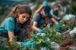 A diverse team of individuals clad in practical outdoor attire tend to a bountiful garden of vibrant plants and vegetables, cultivating not only sustenance but also a sense of unity and purpose