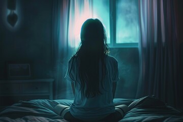 Canvas Print - A girl is sitting on a bed in a dark room. She is wearing a white shirt and has long hair. The room is dimly lit, and there is a window with curtains drawn