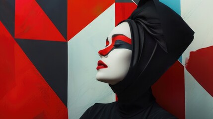 Wall Mural - A woman with red and black face paint and a black head scarf