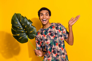Wall Mural - Photo of smiling guy tourist stylish t shirt holding the same as print green leaf exotica environment isolated on yellow color background