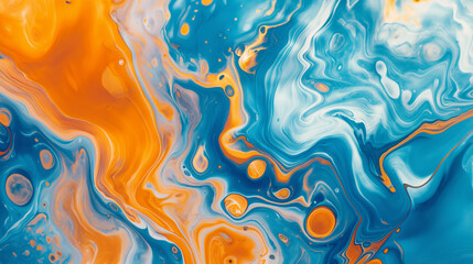 Abstract marbling oil acrylic paint background illustration art wallpaper, Orange and blue color with beautiful liquid fluid marbled paper texture banner painting texture.