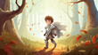 Cavaleiro de  armadura andando na floresta - Ilustração infantil