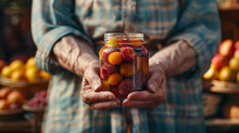 Person holding a jar of preserved fruit.
