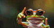 A frog wearing sunglasses and thumbs up. a frog looking dumb pointing fingers, wearing sunglasses. web banner funny birthday party card invitation