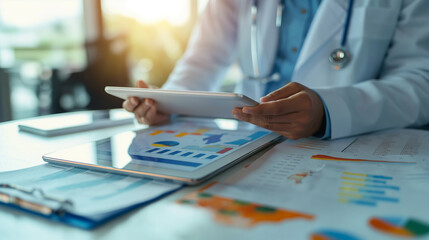 A healthcare executive studies a vibrant growth chart on a digital tablet, with medical equipment and documents scattered aroun