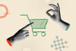 Shopping cart icon and human hands in retro collage vector illustration