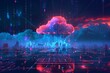 cloud technology banner with low poly cityscape and binary code on dark blue background big data visualization concept with polygonal clouds Generative AI
