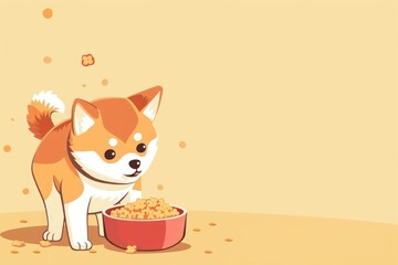 Canvas Print - A cute little dog is eating from a bowl of food. The bowl is red and the dog is looking up at the camera. Cartoon concept