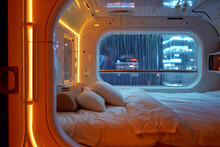 A Chic Retro-futuristic Sleeping Pod, Soft Rain Sounds And Ambient City Noise Filtering Through Soundproof Walls.