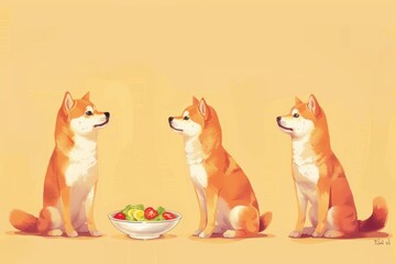 Canvas Print - Three dogs are sitting in a row, one of which is looking at a bowl of food. The bowl is filled with vegetables. The scene is peaceful and calm. Cartoon concept