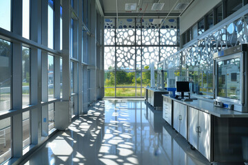 Poster - A medical laboratory with an abstract window design, the glass panels arranged in a unique pattern that floods the lab with natural light