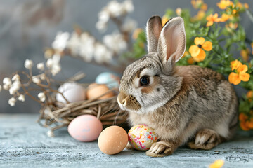 Wall Mural - A cute Easter bunny surrounded by colorful Easter eggs, perfect for Easter holiday decorations