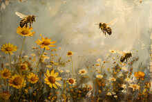 Bees Harvesting Flower Pollen