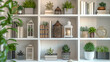 A portion of a modern white bookshelf, adorned with a series of small, vintage-inspired lanterns and a few potted succulents.