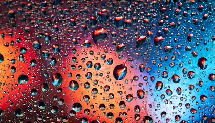 Wall Mural - drops of water on glass in red neon light rain on the glass against the background of colored lights abstract photo for background