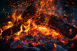 The base of a campfire, focusing on the contrast between the bright, hot flames and the charred wood, with sparks rising up into the night sky.
