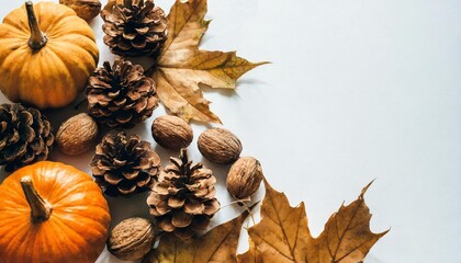 Wall Mural - autumn vibes thanksgiving day present seasonal sale concept fall composition background made of dried leaves pine cones and nuts on white copy space