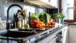 Pantry kitchen sink home interior design with fresh fruit and vegetable