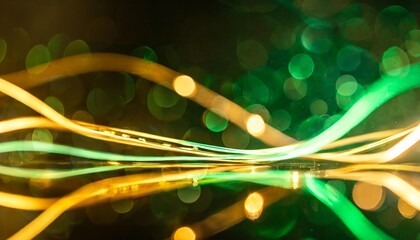 Wall Mural - abstract background with gold and green glowing neon moving high speed line and wave and bokeh lights horizontal to vertical data transfer concept reflect on the floor