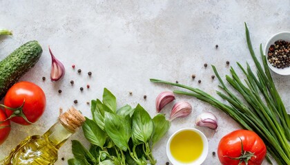 Wall Mural - food cooking ingredients background with fresh vegetables herbs spices and olive oil on white stone table top view healthy vegetarian eating